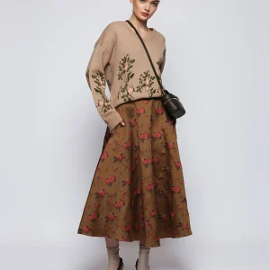 Falda midi camel jacquard floral