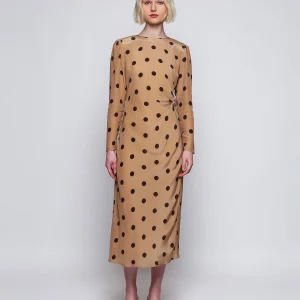 Vestido midi camel estampado lunares marrón