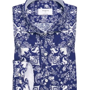 Camisa casual de algodón estampada azul marino y blanco